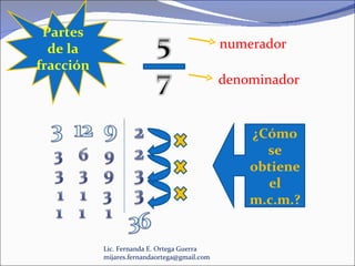 Lic. Fernanda E. Ortega Guerra  [email_address] Partes de la fracción numerador denominador ¿Cómo se obtiene el m.c.m.? 