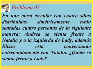 Problema 02:
En una mesa circular con cuatro sillas
distribuidas simétricamente están
sentadas cuatro personas de la siguiente
manera: Andrea se sienta frente a
Natalia y a la izquierda de Lady, además
Elissa está conversando
entretenidamente con Natalia. ¿Quién se
sienta frente a Lady?
 