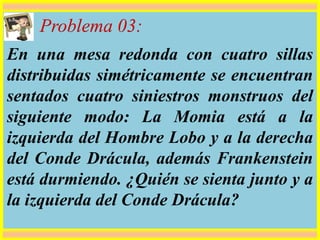 Problema 03:
En una mesa redonda con cuatro sillas
distribuidas simétricamente se encuentran
sentados cuatro siniestros monstruos del
siguiente modo: La Momia está a la
izquierda del Hombre Lobo y a la derecha
del Conde Drácula, además Frankenstein
está durmiendo. ¿Quién se sienta junto y a
la izquierda del Conde Drácula?
 