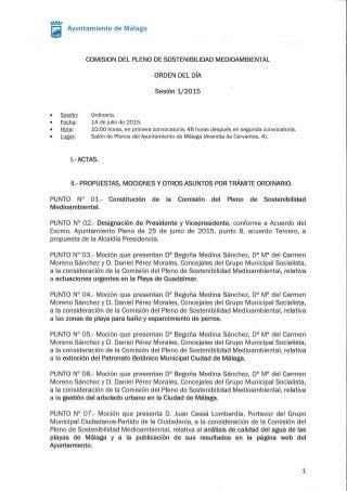 Orden el día de la Comisión de Pleno de Sostenibilidad Ambiental de julio 2015