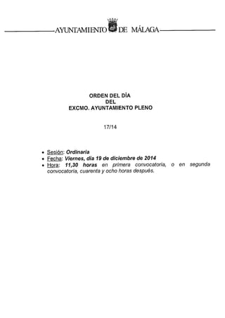 Orden del día del Pleno de diciembre del Ayuntamiento de Málaga 2014