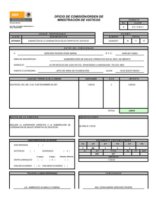 OFICIO DE COMISIÓN/ORDEN DE
                                                                    MINISTRACIÓN DE VIÁTICOS                                                                      FORMATO
OFICIALIA MAYOR                                                                                                                                       N o.               CLAVE
DIR. GRAL. DE ADMON. PRESUPUESTAL Y
RECS. FINANCIEROS                                                                                                                                      9              OC/OMVI


                                                UNIDAD       RESPONSABLE                                                                            OC/OMVI
   CLAVE                                                     DENOMINACION                                                            NUMERO                           FECHA

 32FTA0001Z               SUBDIRECCIÓN DE LA COORDINACIÓN DE ENLACE OPERATIVO EN ZACATECAS                                           DO/286/2007             06              11    07


                                                                                   DATOS DEL COMISIONADO

     C.                                                  SÁNCHEZ RIVERA DORA MARIA                                             R. F. C. :            SARD-601102B53


     ÁREA DE ADSCRIPCION :                                                     SUBDIRECCIÓN DE ENLACE OPERATIVO EN EL EDO. DE MÉXICO

     DOMICILIO :                                            AV.DR.NICOLÁS SAN JUAN S/N COL. EXHACIENDA LA MAGDALENA, TOLUCA, MEX.


     PUESTO O CATEGORIA :                                               JEFA DE AREA DE PLANEACIÓN                                 CLAVE:           18.02 E4227/180347


                         LUGAR (ES) Y PERIODO (S) DE LA COMISION                                        CUOTA DIARIA                 DIAS                         IMPORTE


ZACATECAS, ZAC.,DEL 15 AL 16 DE NOVIEMBRE DE 2007                                                           1,250.00                   2                      2,500.00




                                                                                                                                    TOTAL                         2,500.00


MOTIVO DE LA COMISION:                                                                         OBSERVACIONES:



REALIZAR LA SUPERVISIÓN OPERATIVA A LA SUBDIRECCIÓN DE
                                                                                               SE PAGA $ 1,720.00
COORDINACIÓN DE ENLACE OPERATIVO DE ZACATECAS




                         CARACTERISTICAS DE LOS VIATICOS                                                                DOCUMENTO CONTABILIZADOR
                                                                                                 RA             UR            GF               FN             SF                  PG
     ZONA MARGINADA                         (        )
                                                                                                  11            600            2               0                  2
     ANTICIPADOS             (        )              DEVENGADOS                (       X )             AI              AP              PTDA                  TG          FF        SBP
                                                                                                                       R047            3817
                                          K hasta G         P hasta L     PERSONAL OPERATIVO                                         IMPORTE
     GRUPOS JERARQUICOS                    (     )           ( X )                 (       )                                        1,720.00

     ZONA MÁS ECONÓMICA           (       ) X)       ZONA MENOS ECONÓMICA (            )


                        TITULAR DE LA UNIDAD RESPONSABLE                                                                       COMISIONADO




                    LIC. AMBROSIO ALAMILLO CABRAL                                                                      ING. DORA MARÍA SÁNCHEZ RIVERA
 
