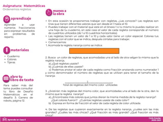 • Cuaderno
• Colores
• Tijeras
Aprender a usar
números fraccionarios
para expresar resultados
en problemas de
reparto.
Asignatura: Matemáticas
Ordenemos regletas
• En esta ocasión te proponemos trabajar con regletas, ¿Las conoces? Las regletas son
tiras que tienen diferentes valores que van desde el 1 hasta el 10.
• Puedes trabajar con el material que está en el Anexo 1 o tú mismo lo puedes realizar en
una hoja de tu cuaderno, en este caso el valor de cada regleta corresponde al número
de cuadritos utilizados (de 1 a 10 cuadritos horizontales).
• Las regletas tienen un valor de 1 a 10 y cada valor tiene un color especial. Colorea tus
regletas con el color que se indica, después córtalas para trabajar.
• Comencemos:
1. Acomoda la regleta naranja como se indica:
2. Busca un color de regletas, que acomodadas una al lado de otra valgan lo mismo que la
regleta naranja.
a) ¿Qué regletas usaste?
b) ¿Cuántas de ellas usaste?
c) Podemos anotar el valor de cada regleta como fracción anotando como numerador 1
y como denominador el número de regletas que se utilizan para tener el tamaño de la
naranja:
1 .
Total de regletas del mismo color utilizadas
3. ¿Existirán más regletas del mismo color, que acomodadas una al lado de la otra, den lo
mismo que la regleta naranja?
a) ¿Encontraste más colores que juntos dieran la misma medida de la regleta naranja?
¿Qué colores fueron? ¿Cuántas regletas usaste de cada color?
b) Expresa en forma de fracción el valor de cada regleta de color utilizada.
4. De las regletas que cupieron exactamente en la regleta naranja, ¿cuáles son las más
grandes? ¿Cuáles las más chicas? ¿Qué fracción es más grande? ¿Qué fracción es más
chica?
Para saber más del
tema puedes consultar
tu libro de Desafío
Matemáticos en el
desafío 3: Carrera de
robots, página 12.
 