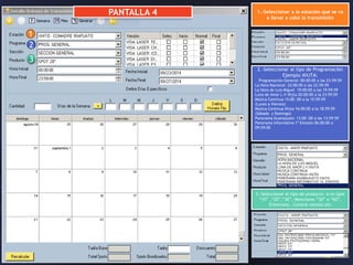 PANTALLA 4 
1 
1.-Seleccionar a la estación que se va 
a llevar a cabo la transmisión 
2.-Seleccionar al tipo de Programación 
Ejemplo XHJTA: 
Programación General: 00:00:00 a las 23:59:59 
La Hora Nacional: 22:00:00 a las 22:59:59 
La Hora de Luis Miguel 19:00:00 a las 19:59:59 
Luna de Amor L-V Xhjta 20:00:00 a la 23:59:59 
Música Continua 15:00 :00 a la 15:59:59 
(Lunes a Viernes) 
Música Continua Xhjta 16:00:00 a la 18:59:59 
(Sábado y Domingo) 
Panorama Guanajuato 13:00 :00 a las 13:59:59 
Panorama Informativo 1ª Emisión 06:00:00 a 
09:59:00 
2 
3.-Seleccionar el tipo de producto si es Spot 
“10” ,“20”,”30”, Menciones “30” o “60”, 
Entrevista , Control remoto etc 
3 
 