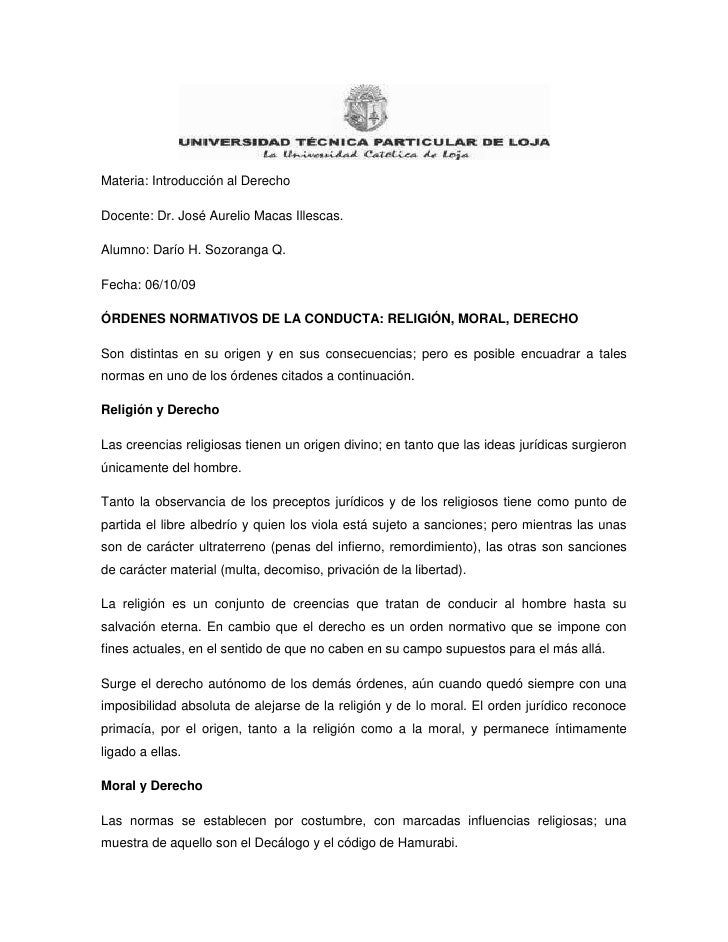 ÓRDENES NORMATIVOS DE LA CONDUCTA: RELIGIÓN, MORAL, DERECHO