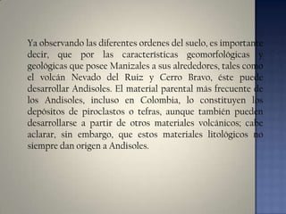 Ya observando las diferentes ordenes del suelo, es importante
decir, que por las características geomorfológicas y
geológicas que posee Manizales a sus alrededores, tales como
el volcán Nevado del Ruiz y Cerro Bravo, éste puede
desarrollar Andisoles. El material parental más frecuente de
los Andisoles, incluso en Colombia, lo constituyen los
depósitos de piroclastos o tefras, aunque también pueden
desarrollarse a partir de otros materiales volcánicos; cabe
aclarar, sin embargo, que estos materiales litológicos no
siempre dan origen a Andisoles.

 