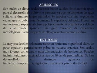 ARIDISOLES
Son suelos de climas áridos ya sean fríos o cálidos. Estos no son aptos
para el desarrollo de cultivos o pasturas ya que no disponen de agua
suficiente durante largos períodos. Se asocian con una vegetación
escasa que no cubre completamente la superficie del suelo. Presentan
un horizonte superficial claro y pobre en materia orgánica por debajo
del cual puede aparecer una gran variedad de caracteres
morfológicos. La mayor parte de ellos presenta reacción alcalina.

ENTISOLES
La mayoría de ellos solamente tiene un horizonte superficial claro, de
poco espesor y generalmente pobre en materia orgánica. Son suelos
muy jóvenes con escasa o nula diferenciación de horizontes. Pueden
incluir horizontes enterrados a más de 50 cm de profundidad. Se han
desarrollado
en
distintos
regímenes
de
humedad, temperatura, vegetación, materiales parentales y edad.

 