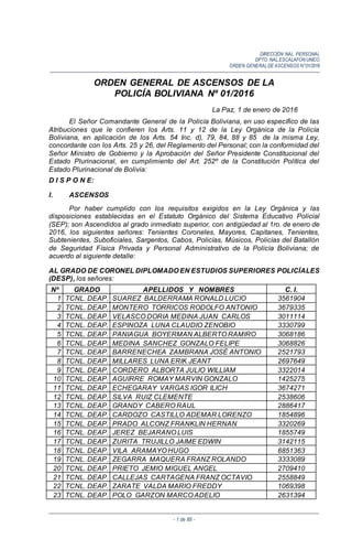 DIRECCIÓN NAL. PERSONAL
DPTO. NAL.ESCALAFON UNICO
ORDEN GENERALDE ASCENSOS N°01/2016
- 1 de 88 -
ORDEN GENERAL DE ASCENSOS DE LA
POLICÍA BOLIVIANA Nº 01/2016
La Paz, 1 de enero de 2016
El Señor Comandante General de la Policía Boliviana, en uso específico de las
Atribuciones que le confieren los Arts. 11 y 12 de la Ley Orgánica de la Policía
Boliviana, en aplicación de los Arts. 54 Inc. d), 79, 84, 88 y 85 de la misma Ley,
concordante con los Arts. 25 y 26, del Reglamento del Personal; con la conformidad del
Señor Ministro de Gobierno y la Aprobación del Señor Presidente Constitucional del
Estado Plurinacional, en cumplimiento del Art. 252º de la Constitución Política del
Estado Plurinacional de Bolivia:
D I S P O N E:
I. ASCENSOS
Por haber cumplido con los requisitos exigidos en la Ley Orgánica y las
disposiciones establecidas en el Estatuto Orgánico del Sistema Educativo Policial
(SEP); son Ascendidos al grado inmediato superior, con antigüedad al 1ro. de enero de
2016, los siguientes señores: Tenientes Coroneles, Mayores, Capitanes, Tenientes,
Subtenientes, Suboficiales, Sargentos, Cabos, Policías, Músicos, Policías del Batallón
de Seguridad Física Privada y Personal Administrativo de la Policía Boliviana; de
acuerdo al siguiente detalle:
AL GRADO DE CORONEL DIPLOMADO EN ESTUDIOS SUPERIORES POLICÍALES
(DESP), los señores:
Nº GRADO APELLIDOS Y NOMBRES C. I.
1 TCNL. DEAP. SUAREZ BALDERRAMA RONALD LUCIO 3561904
2 TCNL. DEAP. MONTERO TORRICOS RODOLFO ANTONIO 3679335
3 TCNL. DEAP. VELASCO DORIA MEDINA JUAN CARLOS 3011114
4 TCNL. DEAP. ESPINOZA LUNA CLAUDIO ZENOBIO 3330799
5 TCNL. DEAP. PANIAGUA BOYERMAN ALBERTO RAMIRO 3068186
6 TCNL. DEAP. MEDINA SANCHEZ GONZALO FELIPE 3068826
7 TCNL. DEAP. BARRENECHEA ZAMBRANA JOSÉ ANTONIO 2521793
8 TCNL. DEAP. MILLARES LUNA ERIK JEANT 2697649
9 TCNL. DEAP. CORDERO ALBORTA JULIO WILLIAM 3322014
10 TCNL. DEAP. AGUIRRE ROMAY MARVIN GONZALO 1425275
11 TCNL. DEAP. ECHEGARAY VARGAS IGOR ILICH 3674271
12 TCNL. DEAP. SILVA RUIZ CLEMENTE 2538606
13 TCNL. DEAP. GRANDY CABERO RAUL 2886417
14 TCNL. DEAP. CARDOZO CASTILLO ADEMAR LORENZO 1854896
15 TCNL. DEAP. PRADO ALCONZ FRANKLIN HERNAN 3320269
16 TCNL. DEAP. JEREZ BEJARANO LUIS 1855749
17 TCNL. DEAP. ZURITA TRUJILLO JAIME EDWIN 3142115
18 TCNL. DEAP. VILA ARAMAYO HUGO 6851363
19 TCNL. DEAP. ZEGARRA MAQUERA FRANZ ROLANDO 3333089
20 TCNL. DEAP. PRIETO JEMIO MIGUEL ANGEL 2709410
21 TCNL. DEAP. CALLEJAS CARTAGENA FRANZ OCTAVIO 2558849
22 TCNL. DEAP. ZARATE VALDA MARIO FREDDY 1069398
23 TCNL. DEAP. POLO GARZON MARCO ADELIO 2631394
 