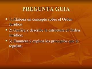 PREGUNTA GUIA
   1) Elabora un concepto sobre el Orden
    Jurídico
   2) Grafica y describe la estructura el Orden
    Jurídico.
   3) Enumera y explica los principios que lo
    regulan.
 