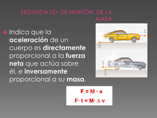 Segunda Ley de Newton, de la MasaIndica que la aceleraciónde un cuerpo es directamente proporcional a la fuerza neta que actúa sobre él, e inversamente proporcional a su masa.