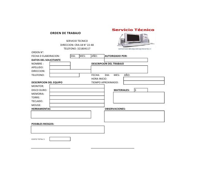formato para orden de trabajo