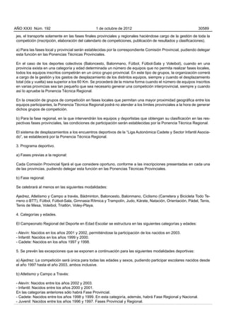 AÑO XXXI Núm. 192                               1 de octubre de 2012                                          30589

jes, el transporte solamente en las fases finales provinciales y regionales haciéndose cargo de la gestión de toda la
competición (inscripción, elaboración del calendario de competiciones, publicación de resultados y clasificaciones).

a) Para las fases local y provincial serán establecidas por la correspondiente Comisión Provincial, pudiendo delegar
esta función en las Ponencias Técnicas Provinciales.

En el caso de los deportes colectivos (Baloncesto, Balonmano, Fútbol, Fútbol-Sala y Voleibol), cuando en una
provincia exista en una categoría y edad determinada un número de equipos que no permita realizar fases locales,
todos los equipos inscritos competirán en un único grupo provincial. En este tipo de grupos, la organización correrá
a cargo de la gestión y los gastos de desplazamiento de los distintos equipos, siempre y cuando el desplazamiento
total (ida y vuelta) sea superior a los 60 Km. Se procederá de la misma forma cuando el número de equipos inscritos
en varias provincias sea tan pequeño que sea necesario generar una competición interprovincial, siempre y cuando
así lo apruebe la Ponencia Técnica Regional.

En la creación de grupos de competición en fases locales que permitan una mayor proximidad geográfica entre los
equipos participantes, la Ponencia Técnica Regional podrá no atender a los límites provinciales a la hora de generar
dichos grupos de competición.

b) Para la fase regional, en la que intervendrán los equipos y deportistas que obtengan su clasificación en las res-
pectivas fases provinciales, las condiciones de participación serán establecidas por la Ponencia Técnica Regional.

El sistema de desplazamientos a los encuentros deportivos de la “Liga Autonómica Cadete y Sector Infantil Asocia-
do”, se establecerá por la Ponencia Técnica Regional.

3. Programa deportivo.

a) Fases previas a la regional:

Cada Comisión Provincial fijará el que considere oportuno, conforme a las inscripciones presentadas en cada una
de las provincias, pudiendo delegar esta función en las Ponencias Técnicas Provinciales.

b) Fase regional:

Se celebrará al menos en las siguientes modalidades:

Ajedrez, Atletismo y Campo a través, Bádminton, Baloncesto, Balonmano, Ciclismo (Carretera y Bicicleta Todo Te-
rreno o BTT), Fútbol, Fútbol-Sala, Gimnasia Rítmica y Trampolín, Judo, Kárate, Natación, Orientación, Pádel, Tenis,
Tenis de Mesa, Voleibol, Triatlón, Voley-Playa.

4. Categorías y edades.

El Campeonato Regional del Deporte en Edad Escolar se estructura en las siguientes categorías y edades:

- Alevín: Nacidos en los años 2001 y 2002, permitiéndose la participación de los nacidos en 2003.
- Infantil: Nacidos en los años 1999 y 2000.
- Cadete: Nacidos en los años 1997 y 1998.

5. Se prevén las excepciones que se exponen a continuación para las siguientes modalidades deportivas:

a) Ajedrez: La competición será única para todas las edades y sexos, pudiendo participar escolares nacidos desde
el año 1997 hasta el año 2003, ambos inclusive.

b) Atletismo y Campo a Través:

- Alevín: Nacidos entre los años 2002 y 2003.
- Infantil: Nacidos entre los años 2000 y 2001.
En las categorías anteriores sólo habrá Fase Provincial.
- Cadete: Nacidos entre los años 1998 y 1999. En esta categoría, además, habrá Fase Regional y Nacional.
- Juvenil: Nacidos entre los años 1996 y 1997. Fases Provincial y Regional.
 