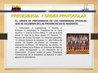 ETIQUETA Y PROTOCOLO
PRECEDENCIA Y ORDEN PROTOCOLARPRECEDENCIA Y ORDEN PROTOCOLAR
1. Gobernador; 2. Legisladores; 3. Alcalde; 4.
Prefecto; 5. Arzobispo; 6. Presidente de la Corte
Superior; 7. Jefe de la Zona Militar; 8. Jefe de la Zona
Naval ;9. Jefe de la Zona Aérea; 10. Obispos; 11.
Decano del Cuerpo Consular; 12. Cónsules generales;
13. Director General de Aduanas; 14. Jefe Político del
cantón; 15. Capitán del Puerto; 16. Cónsules; 17.
Intendente de Policía; 18. Directores de diarios; 19.
Jefe de Distrito de la Policía; 20. Gerentes de bancos;
21. Jefes de Seguridad; y, 22. Secretario de la
Gobernación. Cuando asista el señor Presidente
Constitucional de la República, se aplicará el orden
general de precedencia.
EL ORDEN DE PRECEDENCIA EN LAS CEREMONIAS OFICIALES
QUE SE CELEBREN EN LAS PROVINCIAS ES EL SIGUIENTE:
 