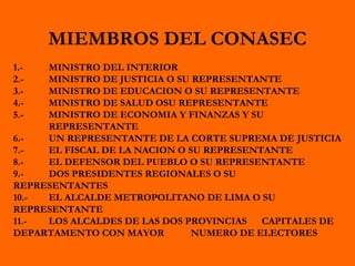 MIEMBROS DEL CONASEC
1.- MINISTRO DEL INTERIOR
2.- MINISTRO DE JUSTICIA O SU REPRESENTANTE
3.- MINISTRO DE EDUCACION O SU REPRESENTANTE
4.- MINISTRO DE SALUD OSU REPRESENTANTE
5.- MINISTRO DE ECONOMIA Y FINANZAS Y SU
REPRESENTANTE
6.- UN REPRESENTANTE DE LA CORTE SUPREMA DE JUSTICIA
7.- EL FISCAL DE LA NACION O SU REPRESENTANTE
8.- EL DEFENSOR DEL PUEBLO O SU REPRESENTANTE
9.- DOS PRESIDENTES REGIONALES O SU
REPRESENTANTES
10.- EL ALCALDE METROPOLITANO DE LIMA O SU
REPRESENTANTE
11.- LOS ALCALDES DE LAS DOS PROVINCIAS CAPITALES DE
DEPARTAMENTO CON MAYOR NUMERO DE ELECTORES
 