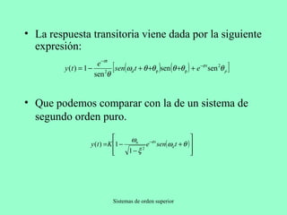 La respuesta transitoria viene dada por la siguiente expresión: Que podemos comparar con la de un sistema de segundo orden puro. 