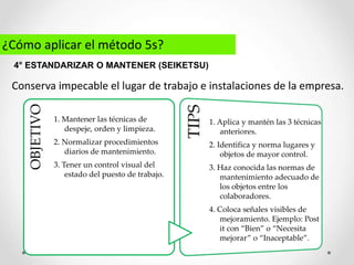 ¿Cómo aplicar el método 5s?
Conserva impecable el lugar de trabajo e instalaciones de la empresa.
4° ESTANDARIZAR O MANTENER (SEIKETSU)
OBJETIVO
1. Mantener las técnicas de
despeje, orden y limpieza.
2. Normalizar procedimientos
diarios de mantenimiento.
3. Tener un control visual del
estado del puesto de trabajo.
1. Aplica y mantén las 3 técnicas
anteriores.
2. Identifica y norma lugares y
objetos de mayor control.
3. Haz conocida las normas de
mantenimiento adecuado de
los objetos entre los
colaboradores.
4. Coloca señales visibles de
mejoramiento. Ejemplo: Post
it con “Bien” o “Necesita
mejorar” o “Inaceptable”.
 