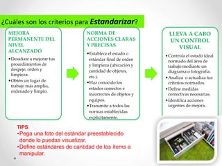 ¿Cuáles son los criterios para Estandarizar?
MEJORA
PERMANENTE DEL
NIVEL
ALCANZADO
•Desafíate a mejorar tus
procedimientos de
despeje, orden y
limpieza.
•Obtén un lugar de
trabajo más amplio,
ordenado y limpio.
NORMA DE
ACCIONES CLARAS
Y PRECISAS
•Establece el estado o
estándar final de orden
y limpieza (ubicación y
cantidad de objetos,
etc.).
•Haz conocido los
estados correctos e
incorrectos de objetos y
equipos.
•Transmite a todos las
normas establecidas
explícitamente.
LLEVA A CABO
UN CONTROL
VISUAL
•Controla el estado ideal
normado del área de
trabajo mediante un
diagrama o fotografía.
•Analiza o actualiza tus
criterios normados.
•Define medidas
correctivas necesarias.
•Identifica acciones
urgentes de mejora.
TIPS:
•Pega una foto del estándar preestablecido
donde lo puedas visualizar.
•Define estándares de cantidad de los ítems a
manipular.
 