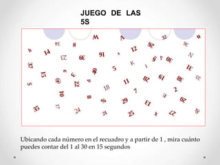 JUEGO DE LAS
5S
Ubicando cada número en el recuadro y a partir de 1 , mira cuánto
puedes contar del 1 al 30 en 15 segundos
 