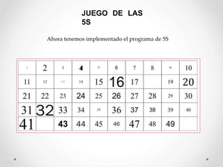 JUEGO DE LAS
5S
Ahora tenemos implementado el programa de 5S
 