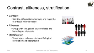 Contrast, alikeness, stratification
• Contrast
• Use it to differentiate elements and make the
user focus where needed

• Alikeness
• Group with this gestalt law correlated and
homologous elements

• Stratification
• Visual layers help users to identify logical
correlation and background

Order

WEB DESIGN NABA 2014 Roberto DADDA

20

 