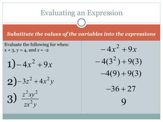 Evaluating an Expression Substitute the values of the variables into the expressions Evaluate the following for when: x = 3, y = 4, and z = -2 1)  2)  3)  