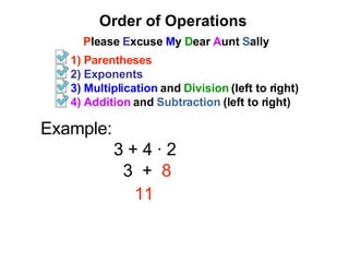 Order of Operations ,[object Object],[object Object],[object Object],[object Object],[object Object],Example:   3 + 4  ∙ 2   3  +  8   11 