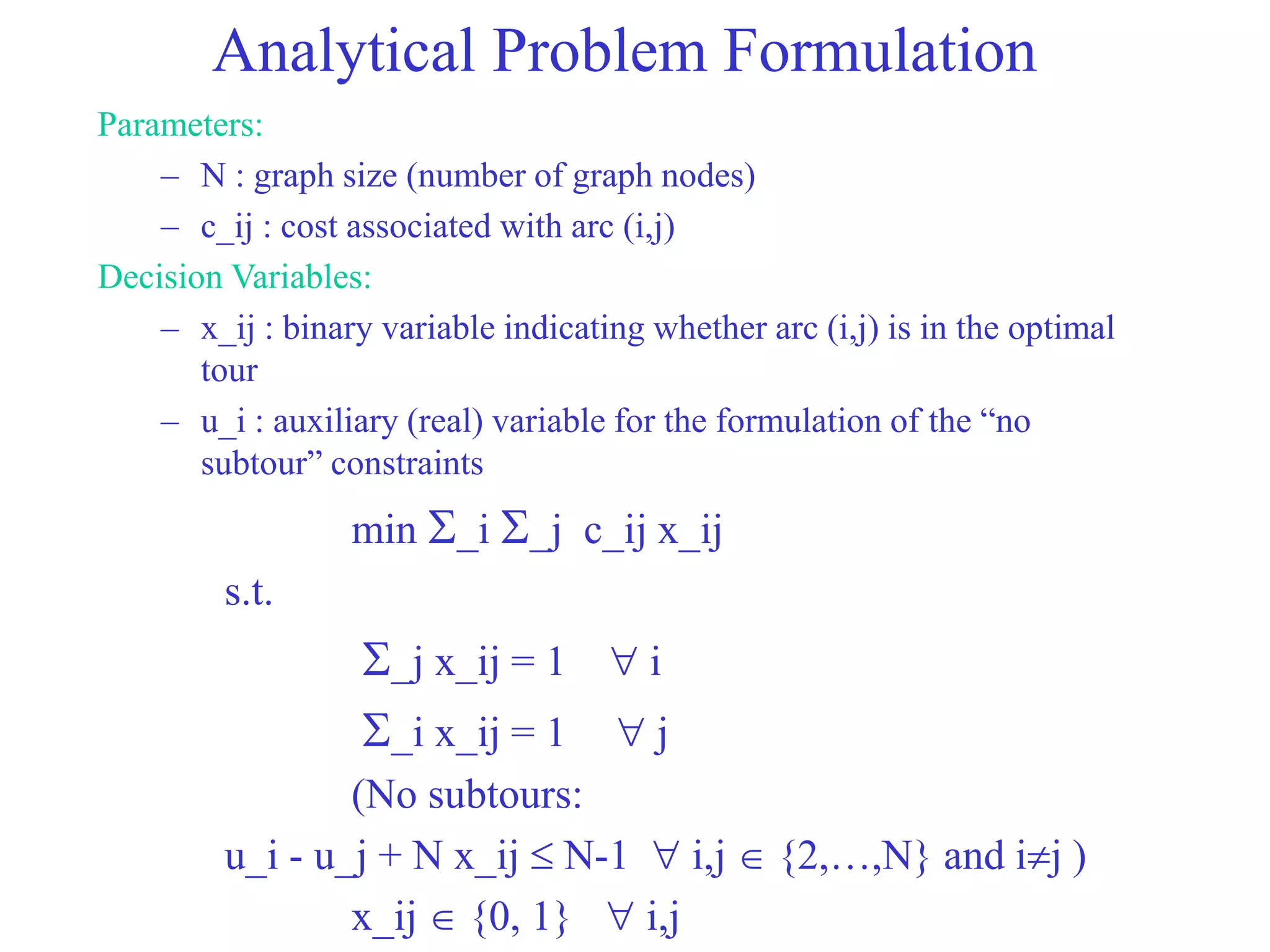 Analytical Problem Formulation
Parameters:
– N : graph size (number of graph nodes)
– c_ij : cost associated with arc (i,j)
Decision Variables:
– x_ij : binary variable indicating whether arc (i,j) is in the optimal
tour
– u_i : auxiliary (real) variable for the formulation of the “no
subtour” constraints
min _i _j c_ij x_ij
s.t.
_j x_ij = 1  i
_i x_ij = 1  j
(No subtours:
u_i - u_j + N x_ij  N-1  i,j  {2,…,N} and ij )
x_ij  {0, 1}  i,j
 