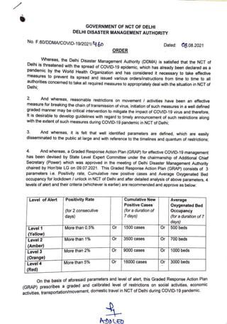 GOVERNMENT OF NCT OF DELHI
DELHI DISASTER MANAGEMENT AUTHORITY
No. F.60/DDMA/COVID-19/2021/lf 60 Dated: <'8.08.2021
ORDER
Whereas, the Delhi Disaster Management Authority (DDMA) is satisfied that the NCT of
Delhi is threatened with the spread of COVID-19 epidemic, which has already been declared as a
pandemic by the World Health Organization and has considered it necessary to take effective
measures to prevent its spread and issued various orders/instructions from time to time to all
authorities concerned to take all required measures to appropriately deal with the situation in NCT of
Delhi;
2. And whereas, reasonable restrictions on movement ./ activities have been an effective
measure for breaking the chain of transmission of virus, initiation of such measures in a well defined
graded manner may be critical intervention to mitigate the impact of COVID-19 virus and therefore,
It is desirable to develop guidelines with regard to timely announcement of such restrictions along
with the extent of such measures during COVID-19 pandemic in NCT of Delhi;
3. And whereas, it is felt that well identified parameters are defined, which are easily
disseminated to the public at large and with reference to the timelines and quantum of restrictions;
4. And whereas, a Graded Response Action Plan (GRAP) for effective COVID-19 management
has been devised by State Level Expert Committee under the chairmanship of Additional Chief
Secretary (Power) which was approved in the meeting of Delhi Disaster Management Authority
chaired by Hon'ble LG on 09.07.2021. This Graded Response Action Plan (GRAP) consists of 3
parameters i.e. Positivity rate, Cumulative new positive cases and Average Oxygenated Bed
occupancy for lockdown / unlock in NCT of Delhi and after detailed analysis of above parameters, 4
levels of alert and their criteria (whichever is earlier) are recommended and approve as below:
Level of Alert Positivity Rate Cumulative New Average
Positive Cases Oxygenated Bed
(for 2 consecutive (for a duration of Occupancy
days) 7 days) (for a duration of 7
days)
Level1 More than 0.5% Or 1500 cases Or 500 beds
(Yellow)
Level2 More than 1% Or 3500 cases Or 700 beds
(Amber)
Level3 More than 2% Or 9000 cases Or 1000 beds
(Orange)
Level4 More than 5% Or 16000 cases Or 3000 beds
(Red)
On the basis of aforesaid parameters and level of al~rt,_ this Grade~ Resp~~~e Action Pl~n
·b a graded and calibrated level of restrictions on social actIvItIes, economic
(GRAP) prescn es .
. . . rtati·on/movement domestic travel in NCT of Delhi during COVID-19 pandemic.
act1vIt1es, transpo '
 