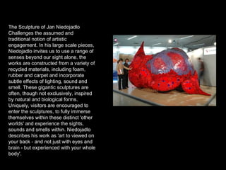 The Sculpture of Jan Niedojadlo
Challenges the assumed and
traditional notion of artistic
engagement. In his large scale pieces,
Niedojadlo invites us to use a range of
senses beyond our sight alone. the
works are constructed from a variety of
recycled materials, including foam,
rubber and carpet and incorporate
subtle effects of lighting, sound and
smell. These gigantic sculptures are
often, though not exclusively, inspired
by natural and biological forms.
Uniquely, visitors are encouraged to
enter the sculptures, to fully immerse
themselves within these distinct 'other
worlds' and experience the sights,
sounds and smells within. Niedojadlo
describes his work as 'art to viewed on
your back - and not just with eyes and
brain - but experienced with your whole
body'.

 