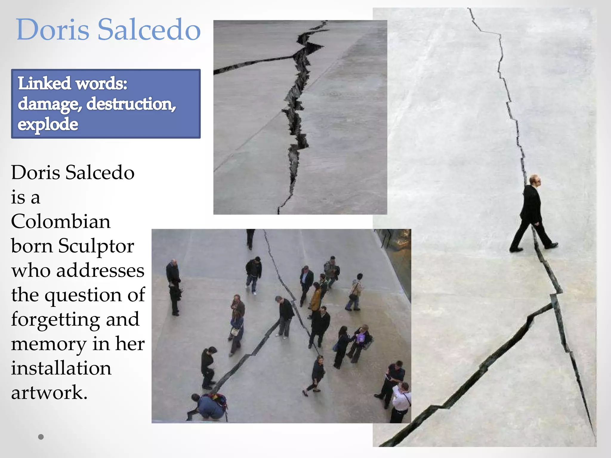 Doris Salcedo
Doris Salcedo
is a
Colombian
born Sculptor
who addresses
the question of
forgetting and
memory in her
installation
artwork.
 