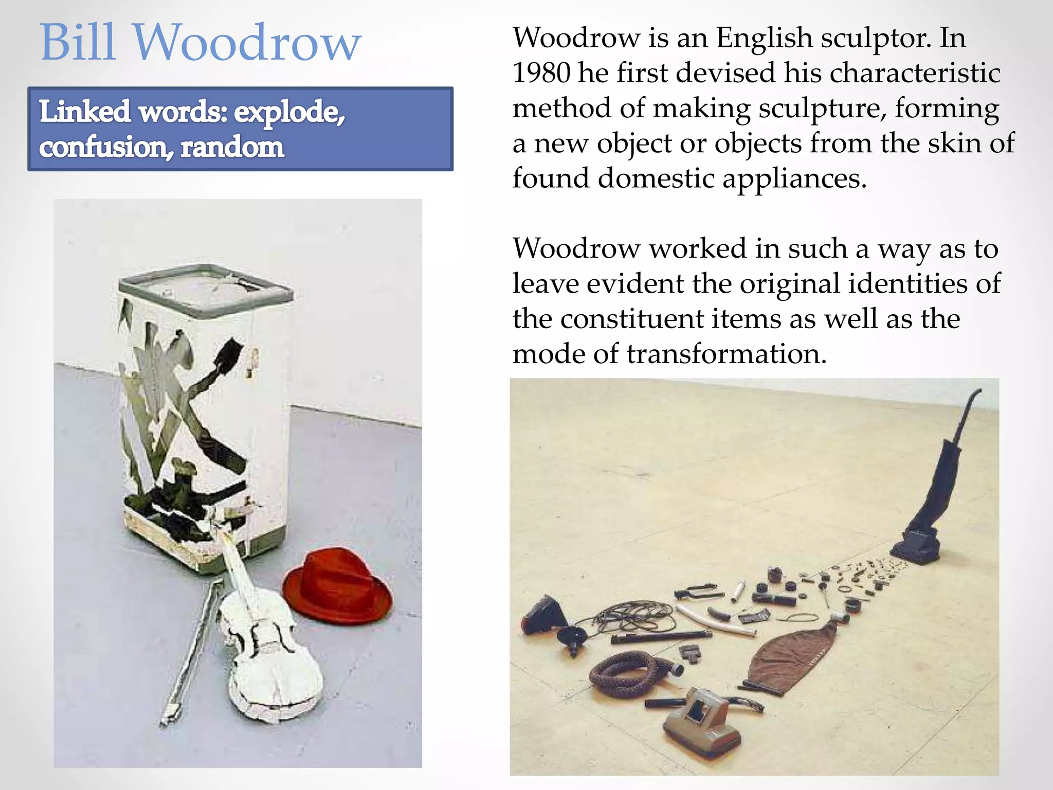 Woodrow is an English sculptor. In
1980 he first devised his characteristic
method of making sculpture, forming
a new object or objects from the skin of
found domestic appliances.
Woodrow worked in such a way as to
leave evident the original identities of
the constituent items as well as the
mode of transformation.
Bill Woodrow
 