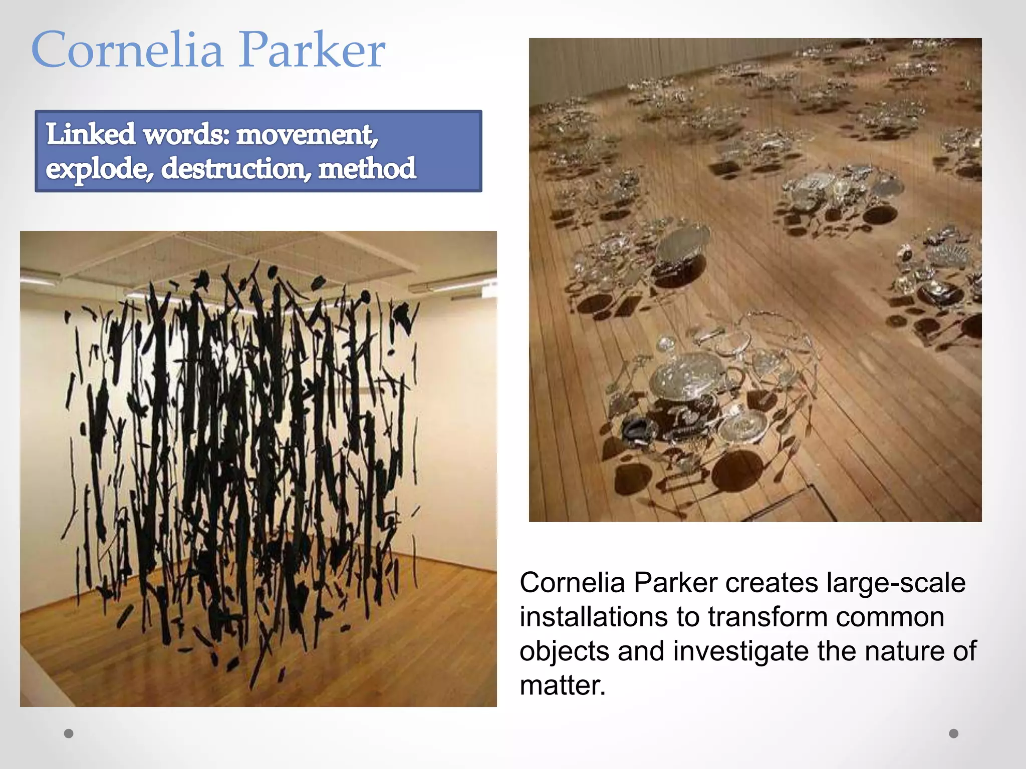 Cornelia Parker
Cornelia Parker creates large-scale
installations to transform common
objects and investigate the nature of
matter.
 
