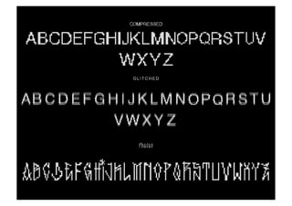 COMPRESSED


ABCDEFGHIJKLMNOPQRSTUV
        WXYZ
           GLITCHED



ABCDEFGHIJKLMNOPQRSTU
       VWXYZ
             PIXACAO




ABCDEFGHIJKLMNOPQRSTUVWXYZ
 