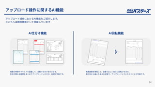 アップロード操作に関するAI機能
24
AI仕分け機能 AI回転機能
帳票の特徴やテキストを認識して、⾃動で仕分けを⾏います。
形式が異なる帳票をまとめてアップロードいただき、処理が可能です。
帳票画像を検知して、⾃動で正しい向きに回転させます。
取引先から届いたままの状態で、アップロードしていただくことが可能です。
アップロード操作におけるAI機能をご紹介します。
※こちらは標準機能として搭載しています
 