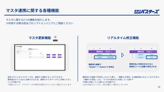 マスタ連携に関する各種機能
36
マスタ更新機能 リアルタイム修正機能
設定されているマスタデータを、画⾯から更新することができます。
更新後はすぐに出⼒に反映されるため、最新のマスタデータでご利⽤いただく
ことが可能です。
※設定によって、マスタデータの項⽬を変更させていただく場合がございます
確認待ちの画⾯で⼿修正いただいた際に、「連動する項⽬」を⾃動変換させることができます。
「連動する項⽬」とは、”マスタの突合せに利⽤している値”や
”計算に利⽤している値”などが対象です。
※出⼒内容によっては、対応が難しい場合がございます
マスタに関する2つの機能を紹介します。
※利⽤する際は担当プロンプトエンジニアにご相談ください
確認待ち画⾯で
“batt0n”→ “batton”に⼿修正
得意先名に⼿修正をかけると
得意先コードも⾃動で修正される
 