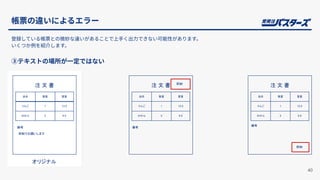 帳票の違いによるエラー
40
登録している帳票との微妙な違いがあることで上⼿く出⼒できない可能性があります。
いくつか例を紹介します。
③テキストの場所が⼀定ではない
注 文 書
備考
品名 数量 重量
りんご 1 13.5
みかん 2 5.5
即納でお願いします
注 文 書
備考
品名 数量 重量
りんご 1 13.5
みかん 2 5.5
即納
注 文 書
品名 数量 重量
りんご 1 13.5
みかん 2 5.5
即納
備考
オリジナル
 