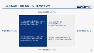 【よくある例】設定のルール‧条件について
43
‧マスタの内容とは違う記載がされている
‧帳票の形式が⼀部異なる箇所がある
‧読み取りが難しい箇所がある
‧決まった読み取り箇所
‧決まった変換ルール
‧決まったマスタの突合せ⽅法
‧読み取り箇所が場合によって変化する
‧マスタの突合せに複数の条件が必要
‧情報の記載がないときもある
‧商品名などの記載が省略されている
‧条件によって出⼒を変更する必要がある
batton社が認知している
batton社が認知していない
貴社が認知している
貴社が認知していない
 