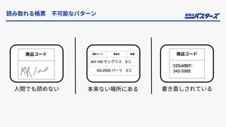 読み取れる帳票 不可能なパターン
⼈間でも読めない 書き直しされている
本来ない場所にある
 
