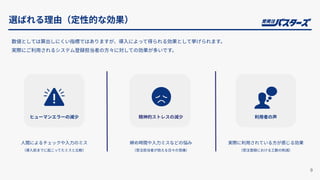 精神的ストレスの減少
数値としては算出しにくい指標ではありますが、導⼊によって得られる効果として挙げられます。
実際にご利⽤されるシステム登録担当者の⽅々に対しての効果が多いです。
⼈間によるチェックや⼊⼒のミス
（導⼊前までに起こってたミスと⽐較）
締め時間や⼊⼒ミスなどの悩み
（受注担当者が抱える⽇々の苦痛）
実際に利⽤されている⽅が感じる効果
（受注登録における⼯数の削減）
9
ヒューマンエラーの減少 利⽤者の声
選ばれる理由（定性的な効果）
 