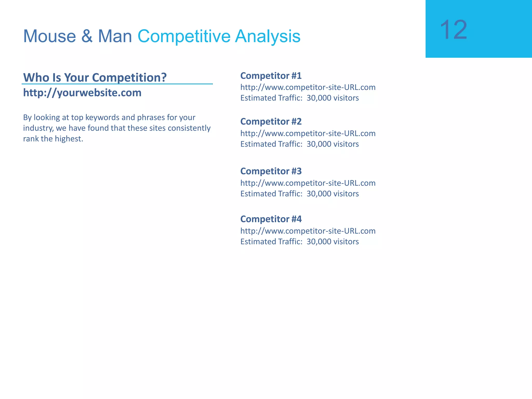 Inbound Links [INSERT # HERE] One of the most important measures for a website is how many other sites link to it. The more links the better. Having links from authoritative resources are best. Google Page Rank  [INSERT # HERE] Google assigns a weighted rank (a number between 0 and 10) for each website it indexes.  If you are a 3 or below, your site will have a hard time competing in your niche. Page Title [CHOOSE GOOD/BAD] [Insert recommended page title structure.] Meta Description [CHOOSE GOOD/BAD] Meta Descriptions should be no more than 150 characters, and should include highly targeted keywords. Meta Keywords [CHOOSE GOOD/BAD] [Insert recommended keywords here.] H1 Tags [CHOOSE GOOD/BAD] H1 tags are highly important to Google.  Ensuring your site has these, and that they include the proper phrases will do wonders to your ranking. Pages Indexed [INSERT # HERE] Alexa Ranking [INSERT # HERE] Mouse & Man  On Site SEO Site Infrastructure Analysis http://yourwebsite.com Did you know that Google is simply a computer algorithm?  When it looks at your site, this algorithm searches for key codes and elements which it indexes and weights your site against all other websites which exist.  The way you have built your site greatly affects how relevant you site will rank for certain terms.  Though this algorithm changes constantly, Mouse & Man adapts its strategy to maintain a competitive edge and applies these techniques for all its clients. 