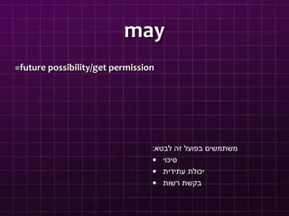 may
=future possibility/get permission
‫לבטא‬ ‫זה‬ ‫בפועל‬ ‫משתמשים‬
:
• ‫סיכוי‬
• ‫עתידית‬ ‫יכולת‬
• ‫רשות‬ ‫בקשת‬
 