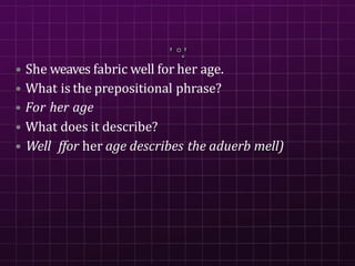 ' °.'
• She weaves fabric well for her age.
• What is the prepositional phrase?
• For her age
• What does it describe?
• Well ffor her age describes the aduerb mell)
 