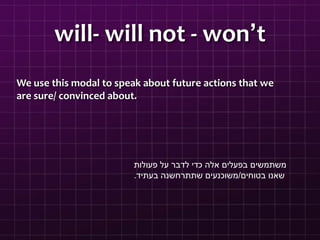 will- will not - won’t
We use this modal to speak about future actions that we
are sure/ convinced about.
‫פעולות‬ ‫על‬ ‫לדבר‬ ‫כדי‬ ‫אלה‬ ‫בפעלים‬ ‫משתמשים‬
‫בטוחים‬ ‫שאנו‬
/
‫בעתיד‬ ‫שתתרחשנה‬ ‫משוכנעים‬
.
 