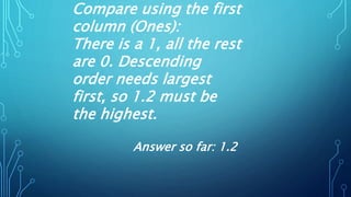 Compare using the first
column (Ones):
There is a 1, all the rest
are 0. Descending
order needs largest
first, so 1.2 must be
the highest.
Answer so far: 1.2
 