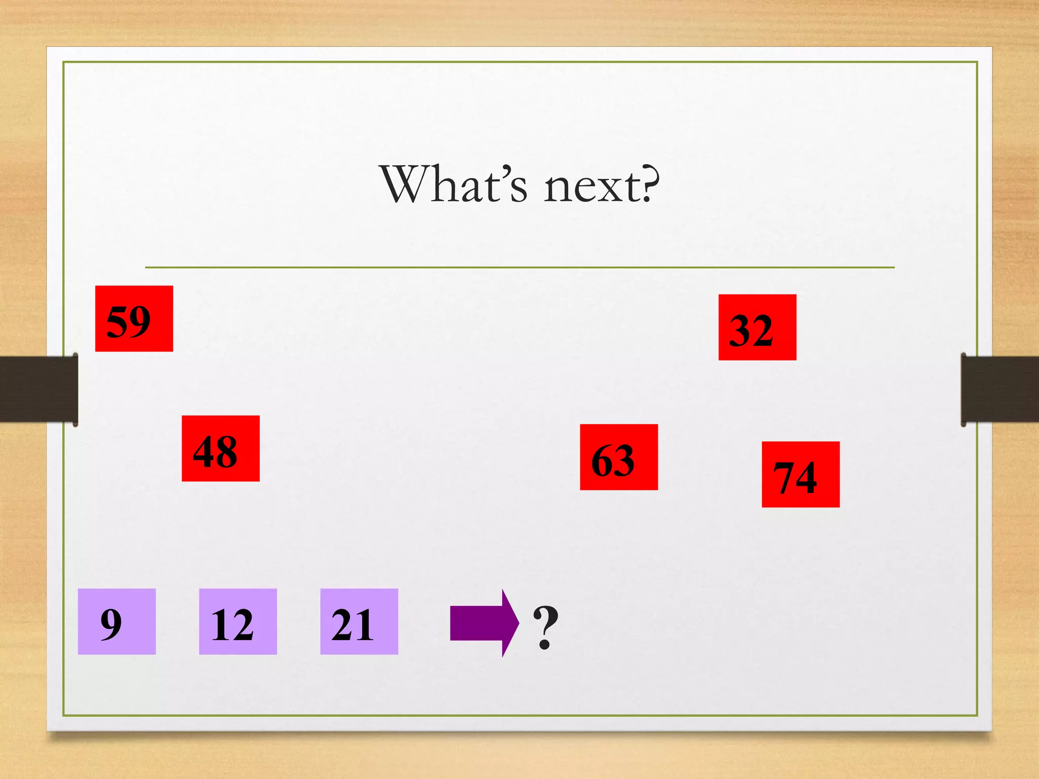 What’s next? 
59 
48 
9 12 21 
63 
32 
74 
? 
 