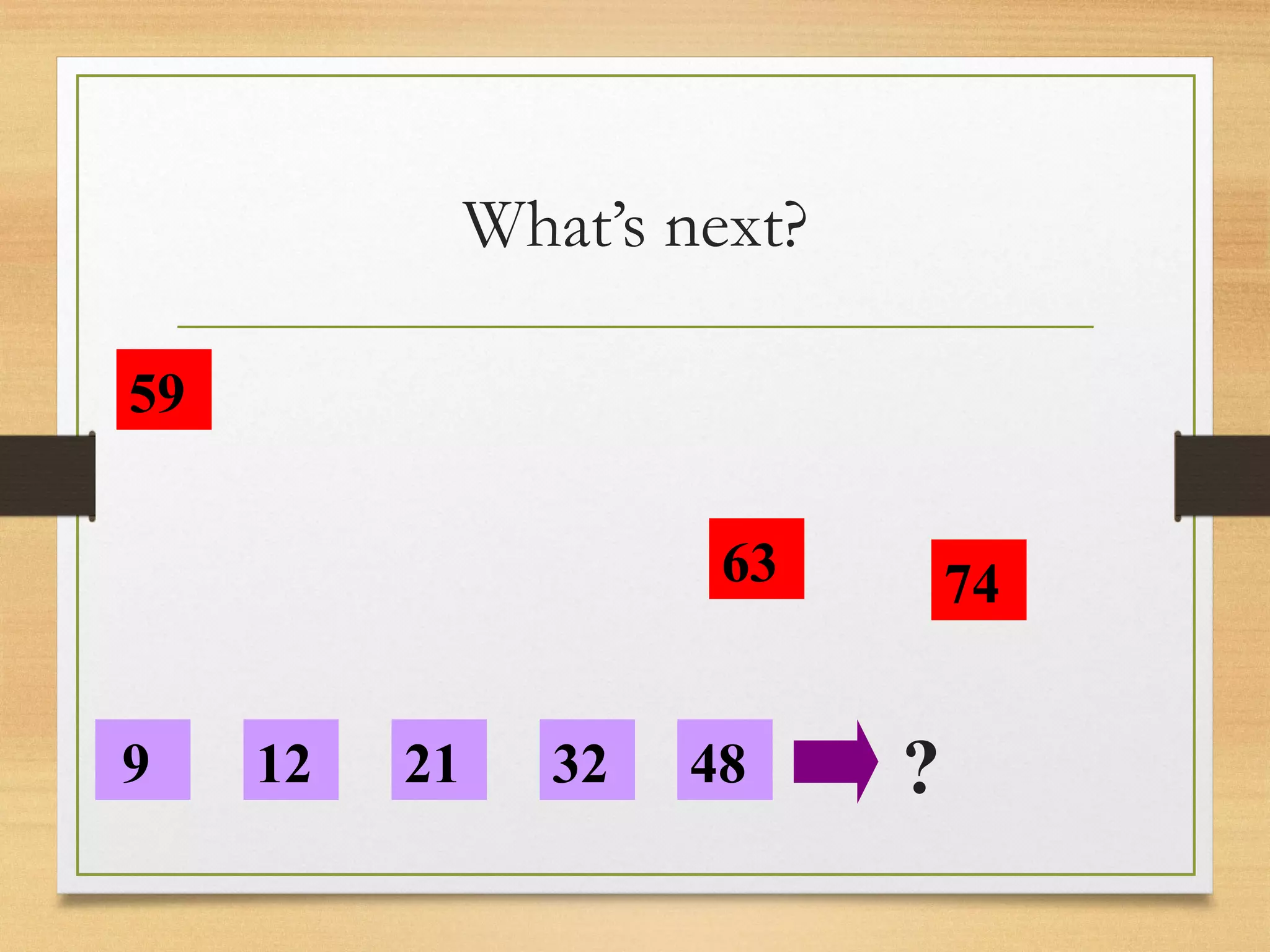 What’s next? 
59 
63 
9 12 21 32 
48 
74 
? 
 