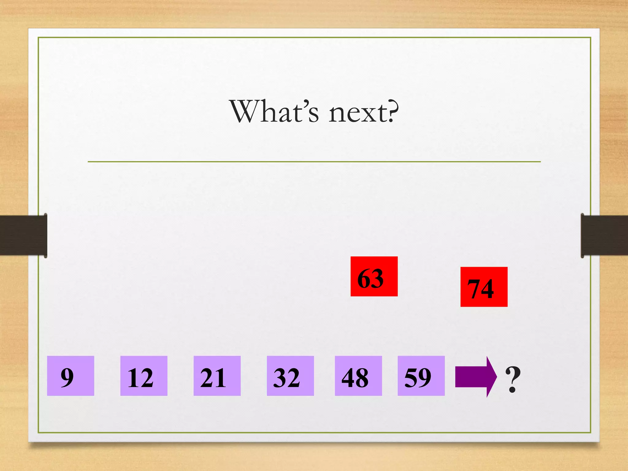 What’s next? 
63 
9 12 21 32 
48 59 
74 
? 
 