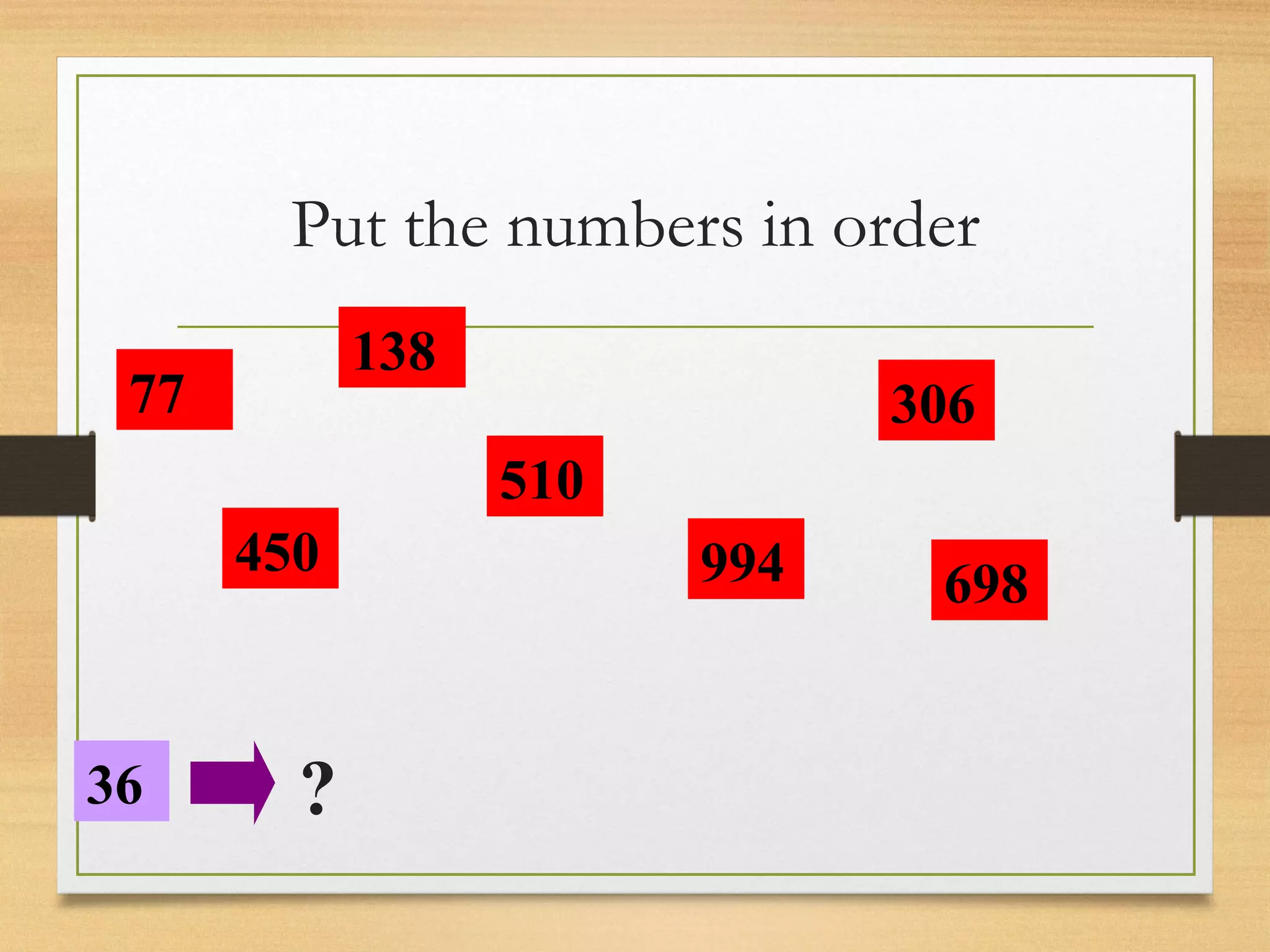 Put the numbers in order 
77 
450 
138 
510 
36 
994 
306 
698 
? 
 