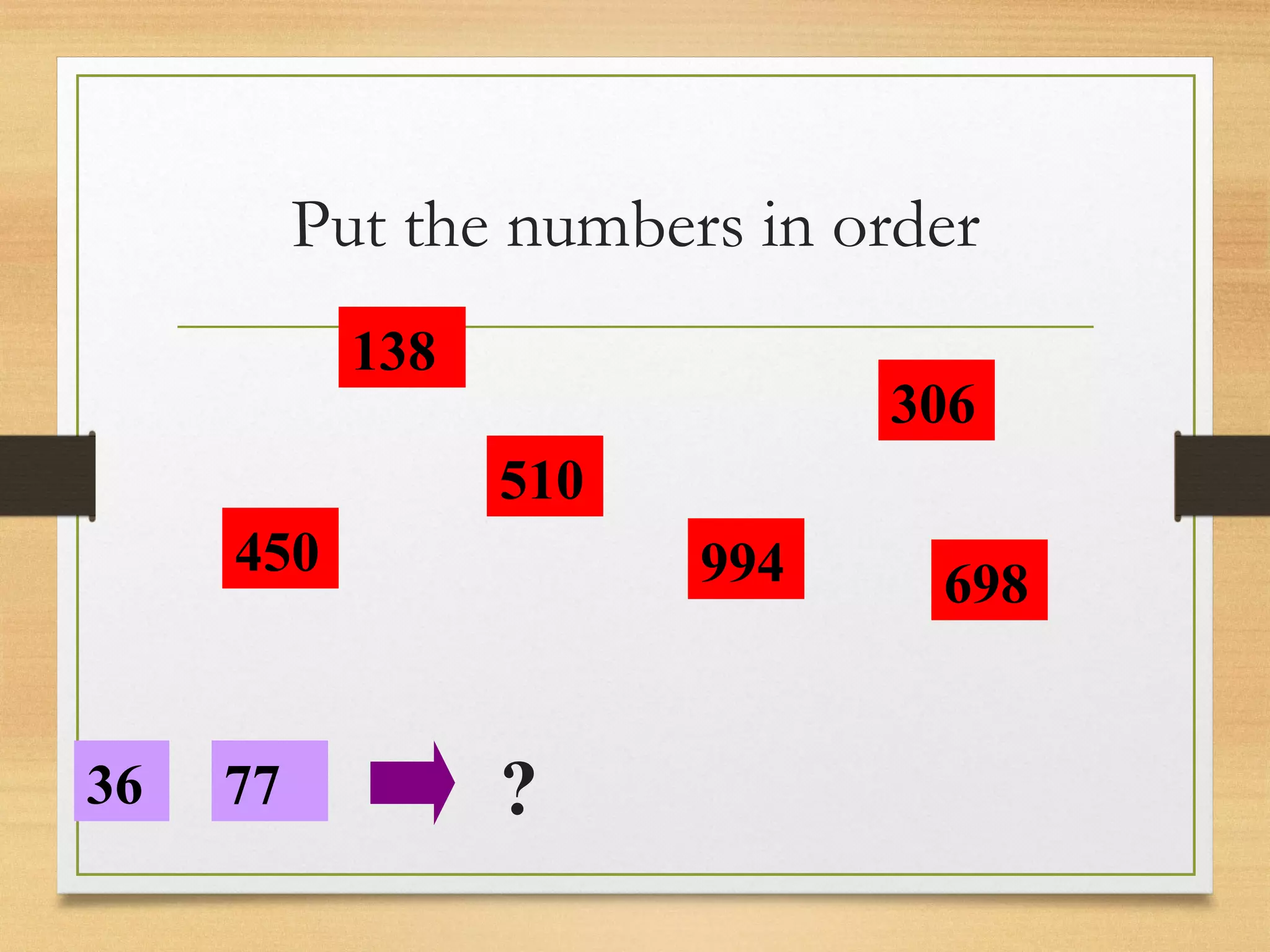 Put the numbers in order 
450 
77 
138 
510 
36 
994 
306 
698 
? 
 