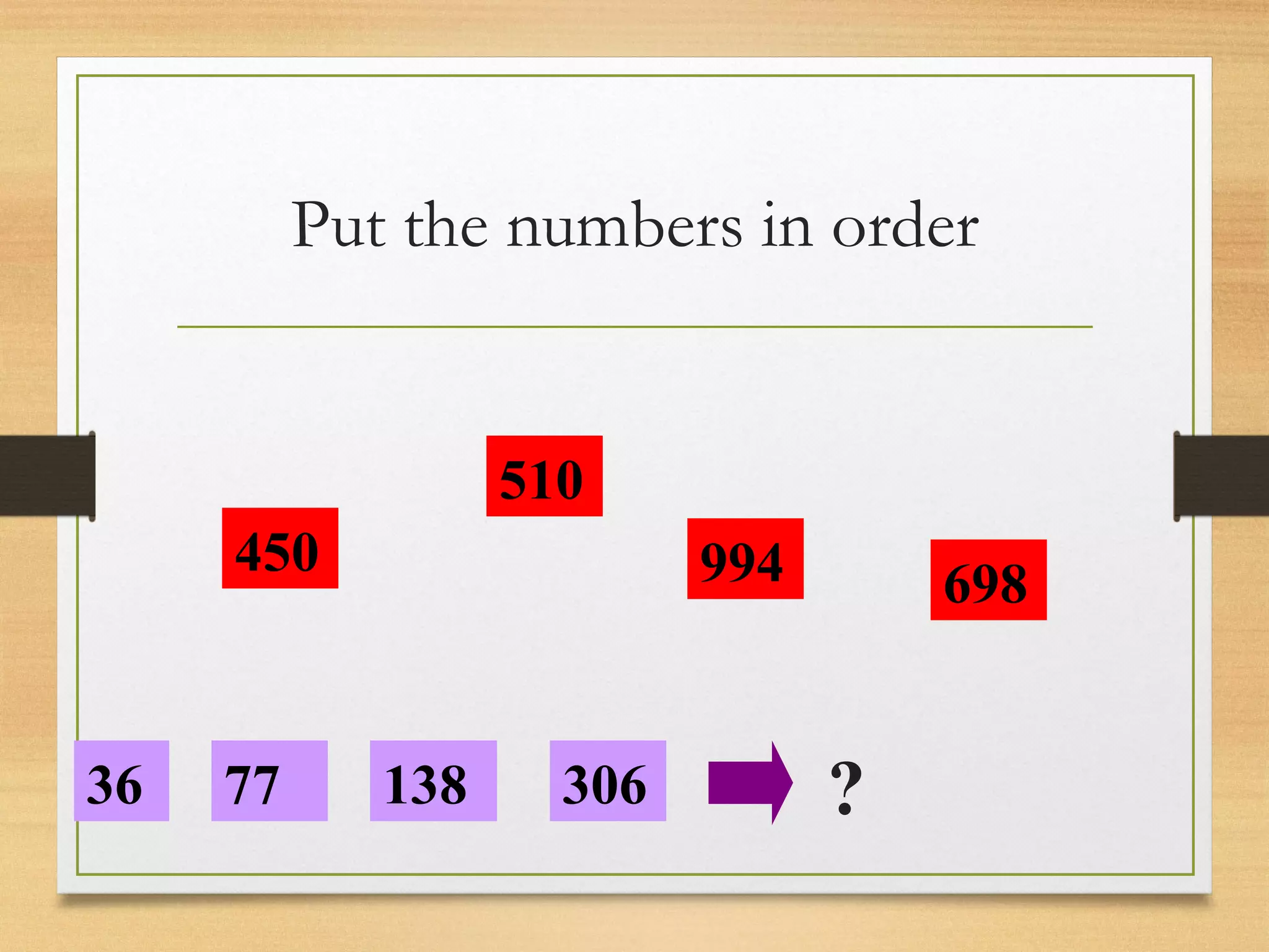 Put the numbers in order 
450 
77 
138 
510 
36 
994 
306 
698 
? 
 